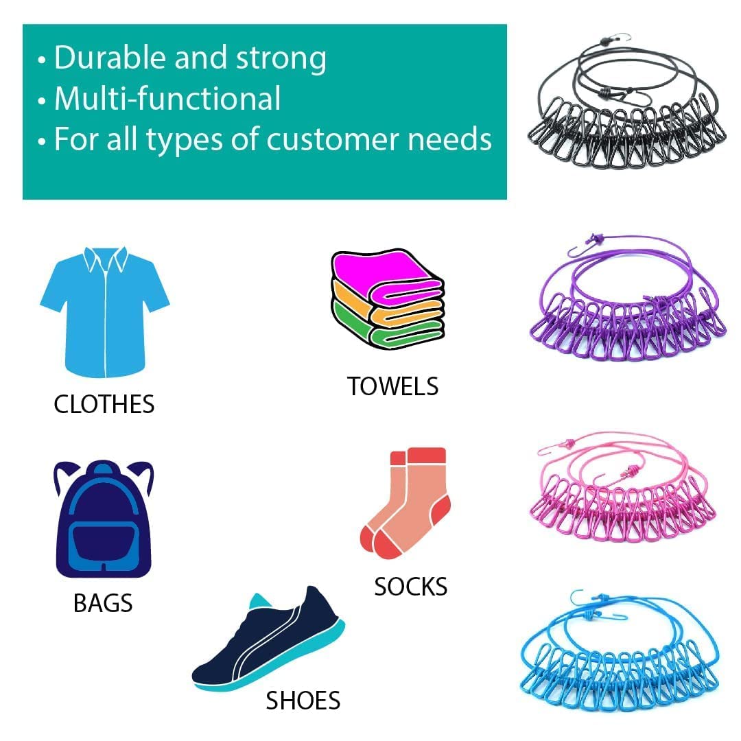 Elastic Clothesline Rope with Clips