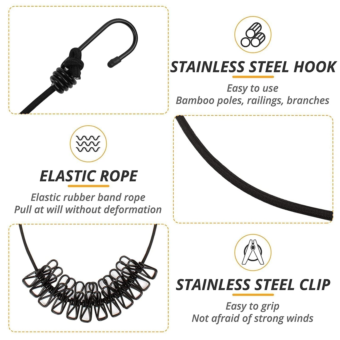 Elastic Clothesline Rope with Clips